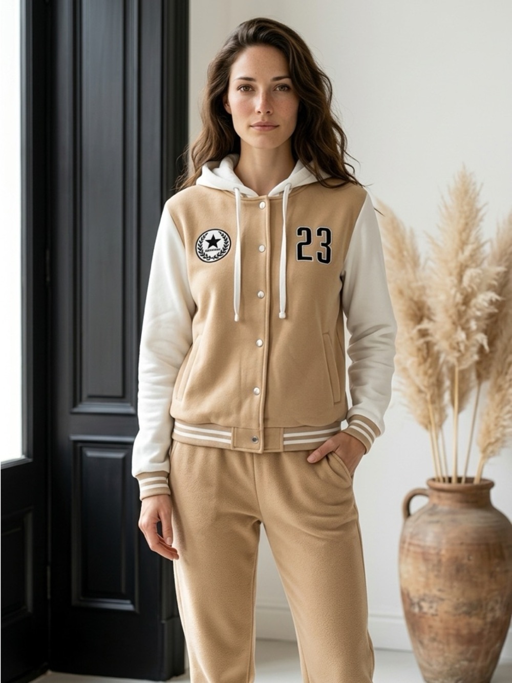 EUC New Look Women’s Tan White Varsity Jacket/Hoodie - LA Patches - Size Medium